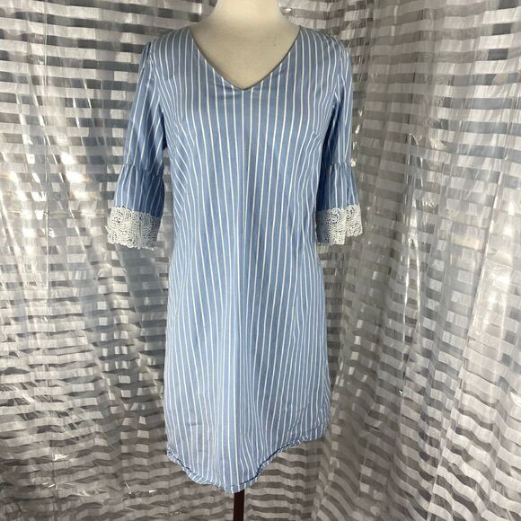 Westport White/Blue Stripe Embroidered Lace Sleeve Casual Dress - Picture 1 of 6